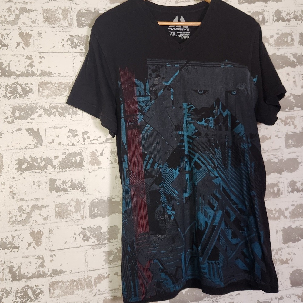 Massive V-Neck Graphic T-Shirt XL Black Blue Red Abstract Panther Face Art Tee - Picture 5 of 16